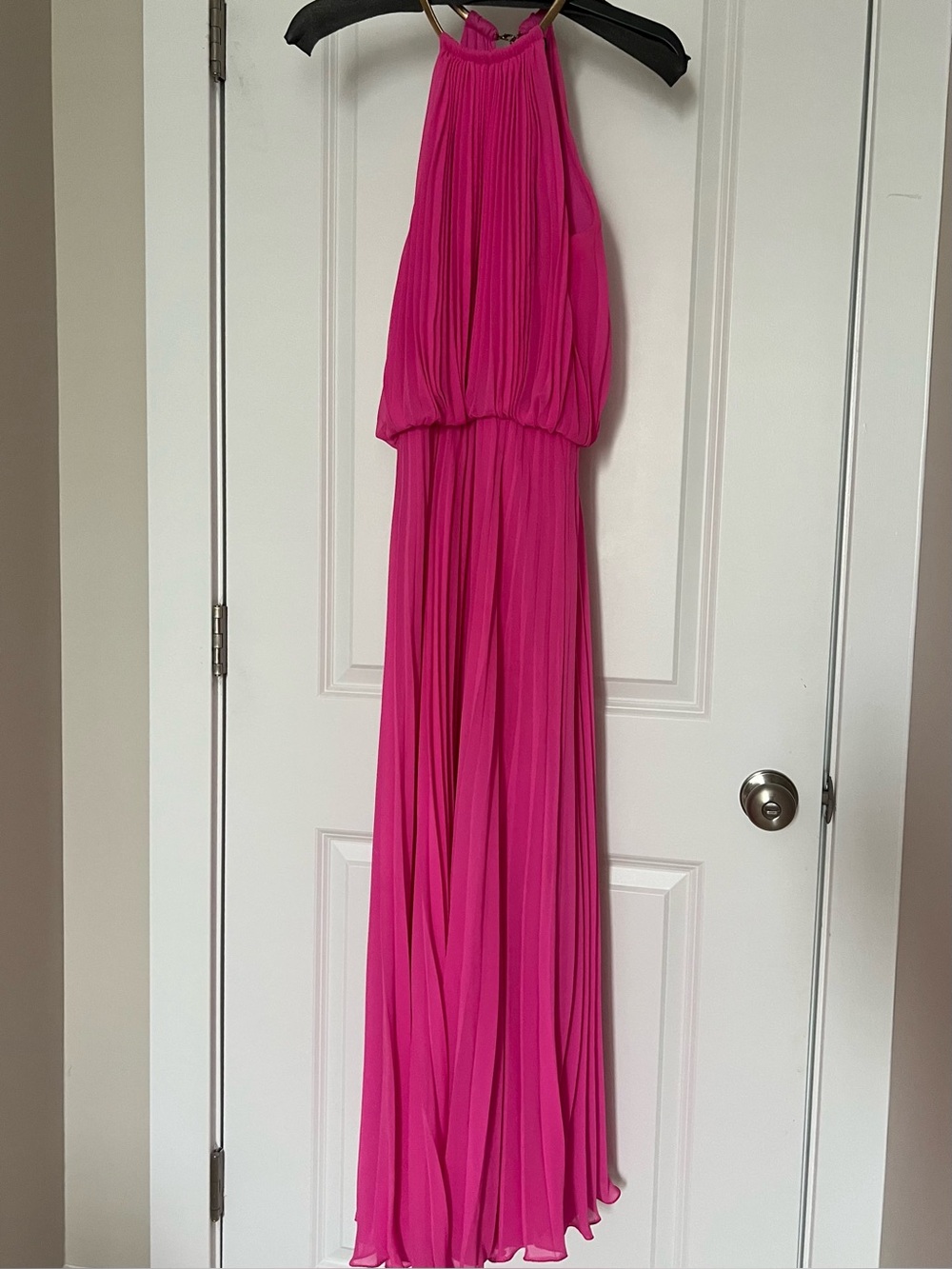 Magenta Pink Pleated Halter Maxi Dress